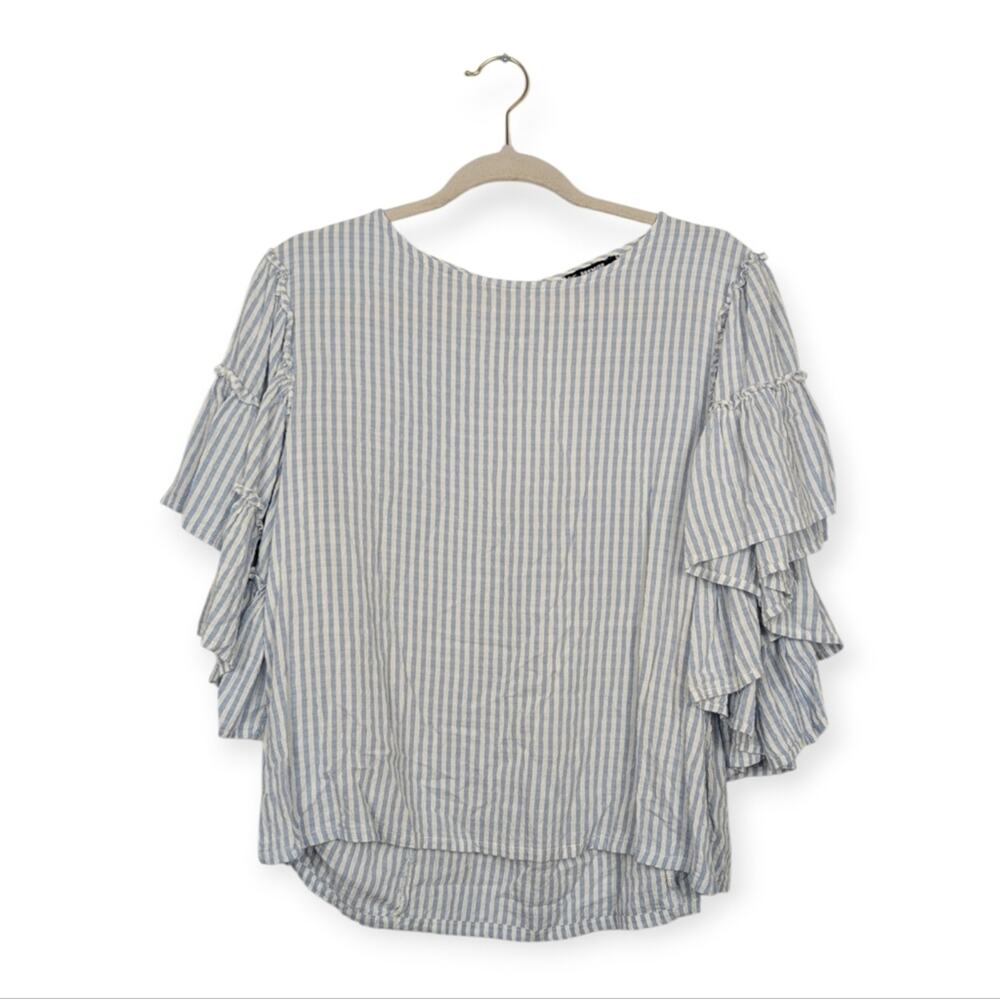 Premise Ruffle Sleeve Blouse M Blue White Stripe Feminine Workwear Casual